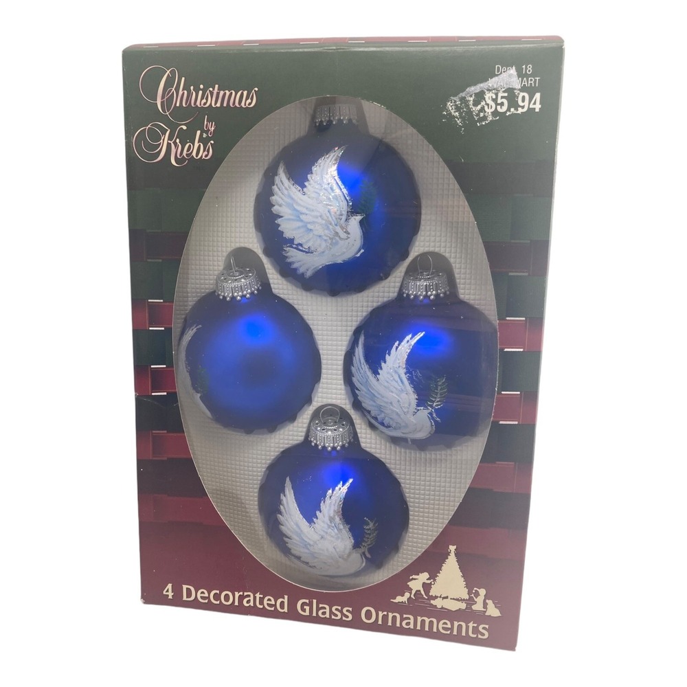 4 Vintage Krebs Blown Glass Christmas Ball Ornaments Blue w/White Dove